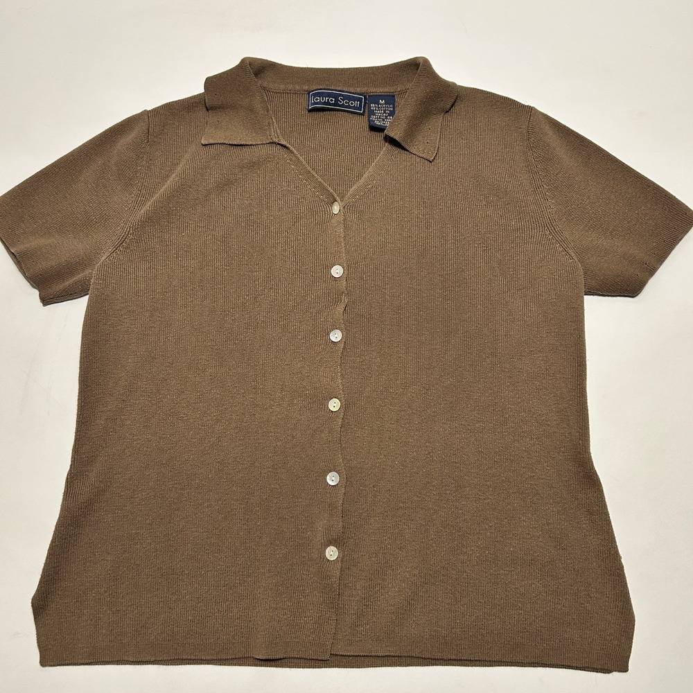 Laura Scott Brown Short Sleeve Cardigan Sweater Button Front Polo Collar Medium